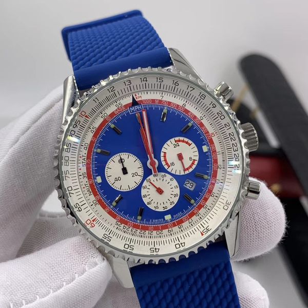 46mm quartz chronograph navitimer date mens watches luminous red hands watch high grade blue rubber band blue dial wristwatches, Slivery;brown
46mm quartz chronograph navitimer date mens watches luminous red hands watch high grade blue rubber band blue dial wristwatches, Slivery;brown