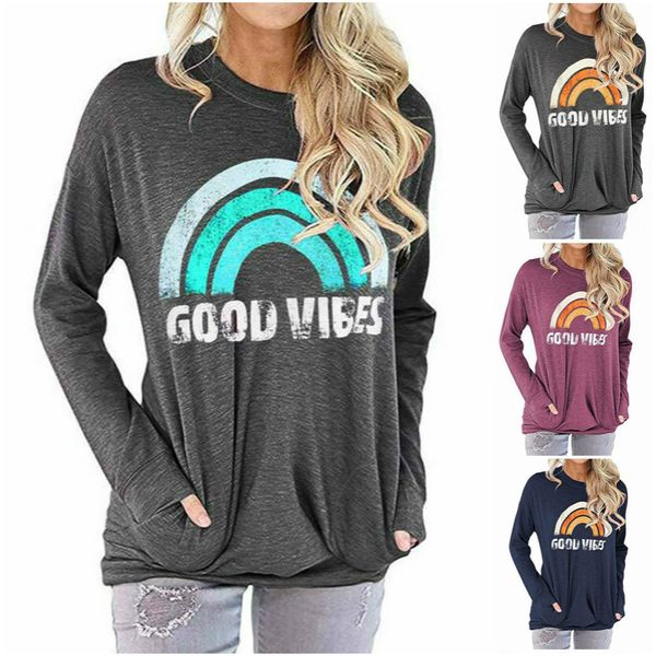 women long sleeve hoodie graphic letter good vibe printed sweatshirt female casual shirt rainbow print pocket shirts, Black
women long sleeve hoodie graphic letter good vibe printed sweatshirt female casual shirt rainbow print pocket shirts, Black