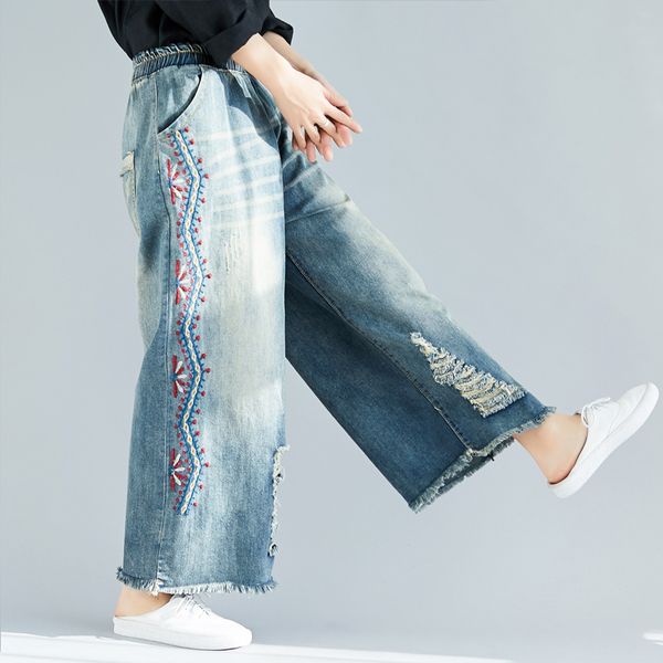 vintage embroidered cotton jeans women loose denim wide leg pants elastic high waist hole oversize streetwear vestidos femme, Blue
vintage embroidered cotton jeans women loose denim wide leg pants elastic high waist hole oversize streetwear vestidos femme, Blue