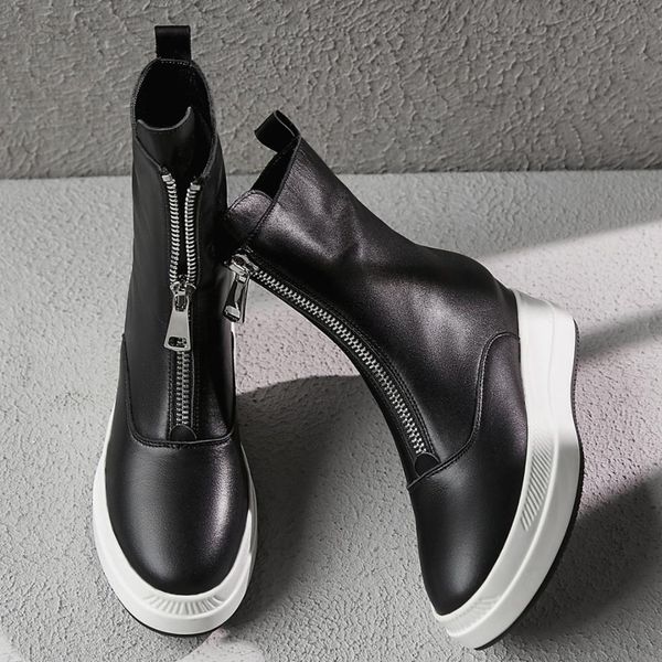 women's genuine leather wedge platform front zip ankle boots leisure soft comfortable autumn punk short booties thick sole shoes, Black
women's genuine leather wedge platform front zip ankle boots leisure soft comfortable autumn punk short booties thick sole shoes, Black