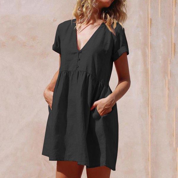 women summer casual short sleeve cotton and linen party dress deep v-neck button solid colors swing loose side pockets skirts, Black;gray
women summer casual short sleeve cotton and linen party dress deep v-neck button solid colors swing loose side pockets skirts, Black;gray