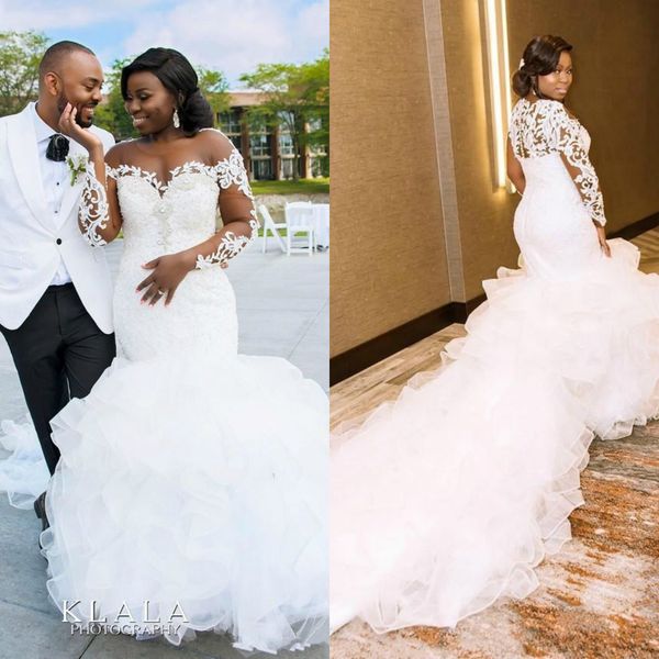 2020 arabic mermaid plus size wedding dresses court train long sleeve lace bridal dresses beaded crystal organza wedding gowns, White
2020 arabic mermaid plus size wedding dresses court train long sleeve lace bridal dresses beaded crystal organza wedding gowns, White