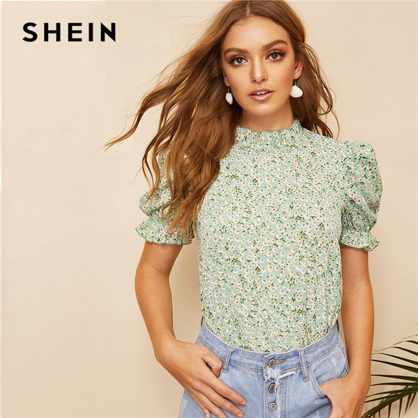 

shein boho green ditsy floral frill neck puff sleeve keyhole back blouse women summer elegant office lady and blouses, White