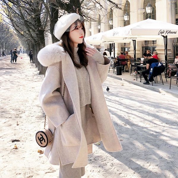coat women winter 2019 new high-quality double-sided wool coat oversized fur hooded korean loose belt wool women, Black
coat women winter 2019 new high-quality double-sided wool coat oversized fur hooded korean loose belt wool women, Black