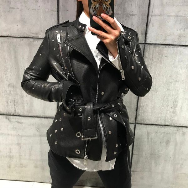 ladies genuine leather jacket rivet leather jacket real lambskin, Black
