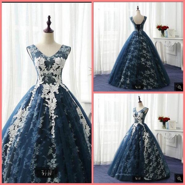 vestido de festa navy blue lace ball gown prom dress sleeveless lace appliques corset sheer back real picture prom gowns evening party, Black
vestido de festa navy blue lace ball gown prom dress sleeveless lace appliques corset sheer back real picture prom gowns evening party, Black