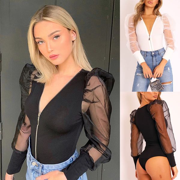 women puff sleeve bodysuits sheer mesh bodysuit stretch casual v neck leotard bodysuits zip up top, Black;white
women puff sleeve bodysuits sheer mesh bodysuit stretch casual v neck leotard bodysuits zip up top, Black;white