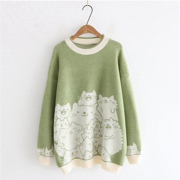 crowded cats pattern o-neck pullover sweater female s28798-aq, White;black