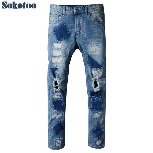 sokotoo men's holes patches design beggar jeans slim straight patchwork distressed torn blue stretch denim pants
sokotoo men's holes patches design beggar jeans slim straight patchwork distressed torn blue stretch denim pants