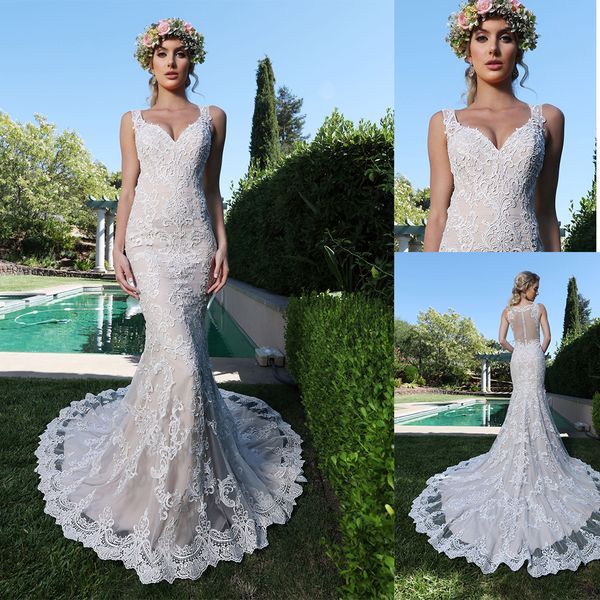 2020 bohemian mermaid wedding dresses v neck appliqued sleeveless bridal gown sheer back ruffle sweep train custom made vestidos de novia, White
2020 bohemian mermaid wedding dresses v neck appliqued sleeveless bridal gown sheer back ruffle sweep train custom made vestidos de novia, White