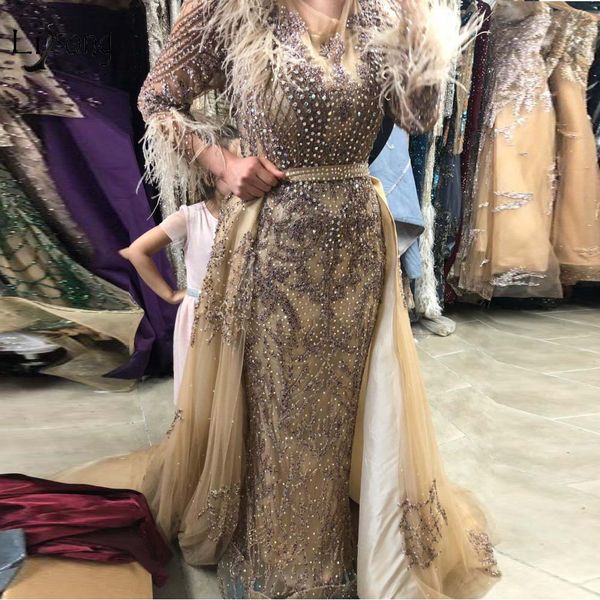 luxury dubai gold beaded mermaid evening dresses 2019 detachable train crystal lace feather long prom gowns vestidos de festa, White;black
luxury dubai gold beaded mermaid evening dresses 2019 detachable train crystal lace feather long prom gowns vestidos de festa, White;black