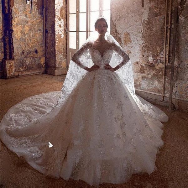 crystal beaded ball gown wedding daresses luxury long sleeves 3d flowers arabic dubai plus size bridal gown, White
crystal beaded ball gown wedding daresses luxury long sleeves 3d flowers arabic dubai plus size bridal gown, White