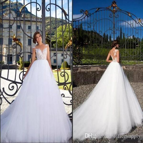 vestido de novia 2019 sheer jewel neck a line wedding dresses ruffles tulle with appliques illusion back bridal gowns, White
vestido de novia 2019 sheer jewel neck a line wedding dresses ruffles tulle with appliques illusion back bridal gowns, White