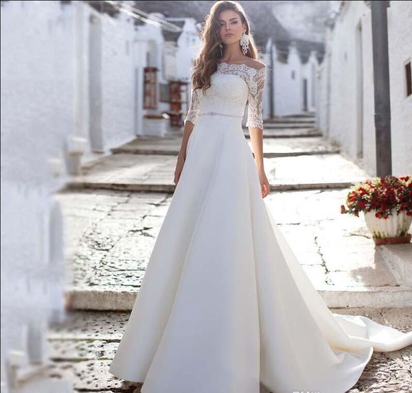 2019 off shoulder romantic lace wedding dresses with half sleeves two pieces a-line beaded sash garden robes de mariée bridal gowns, White
2019 off shoulder romantic lace wedding dresses with half sleeves two pieces a-line beaded sash garden robes de mariée bridal gowns, White