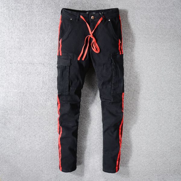 mens designer jeans fashion brand logo pocket strap lacing red side stripe long denim slim pencil pants high street rock trousers, Blue
mens designer jeans fashion brand logo pocket strap lacing red side stripe long denim slim pencil pants high street rock trousers, Blue