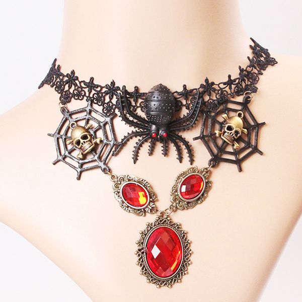 black vintage lace red crystal pendant spider web skull women necklace elegant punk gothic terror chocker torques party jewelry, Golden;silver
black vintage lace red crystal pendant spider web skull women necklace elegant punk gothic terror chocker torques party jewelry, Golden;silver