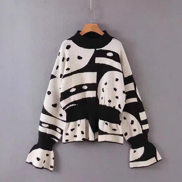 european american fashion contrast color womens sweaters autumn winter round neck waisted flared sleeves ruffle pullover sweater, White;black
european american fashion contrast color womens sweaters autumn winter round neck waisted flared sleeves ruffle pullover sweater, White;black