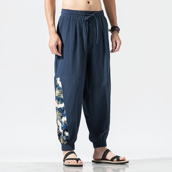 men's linen jogger harem pants chinese traditional style national wind new loose elastic waist printed casual trousers, Black
men's linen jogger harem pants chinese traditional style national wind new loose elastic waist printed casual trousers, Black
