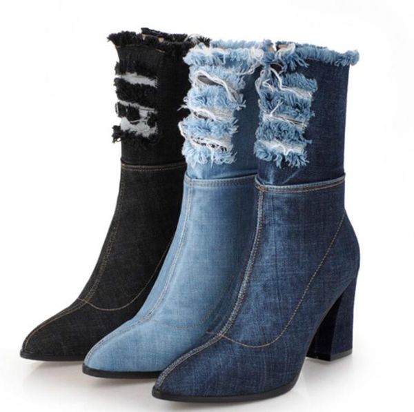 ladies chaussure women shoes woman zapatos mujer sapato mid-calf boots chunky high heels denim jean booties pointed toe xz181262, Black
ladies chaussure women shoes woman zapatos mujer sapato mid-calf boots chunky high heels denim jean booties pointed toe xz181262, Black