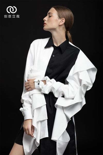 s-6xl 2019 new women men's clothing hair stylist original asymmetric folding decoration black white shirt plus size costumes, White;black
s-6xl 2019 new women men's clothing hair stylist original asymmetric folding decoration black white shirt plus size costumes, White;black