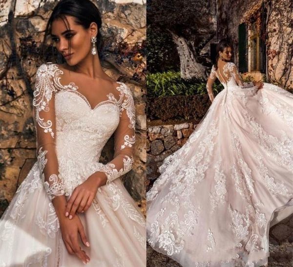 sheer lace a line wedding dresses with illusion long sleeves court train appliqued covered button garden bridal gowns, White
sheer lace a line wedding dresses with illusion long sleeves court train appliqued covered button garden bridal gowns, White