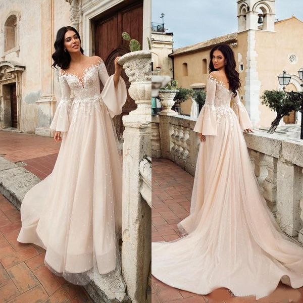crystal design beach a line wedding dresses new lace applique long sleeve boho bridal dress blush pink tulle sweep train wedding gowns, White
crystal design beach a line wedding dresses new lace applique long sleeve boho bridal dress blush pink tulle sweep train wedding gowns, White