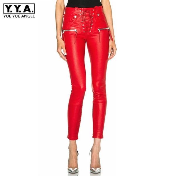 design pu leather bandage slim fit pants women european style punk leather pantalon autumn side zipper red black trousers female, Black;white
design pu leather bandage slim fit pants women european style punk leather pantalon autumn side zipper red black trousers female, Black;white