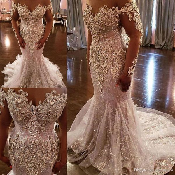 sparkly 2019 african dubai wedding dresses beaded crystals lace mermaid bridal dresses sheer neck stunning wedding gowns, White 
sparkly 2019 african dubai wedding dresses beaded crystals lace mermaid bridal dresses sheer neck stunning wedding gowns, White