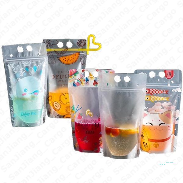 Self-sealed Drink Container Set Disposable Beverage Juice Milk Drinks Pouches Bag With Zipper Portable Stand Up Drinks Cup With Straw E5410