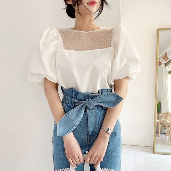 2020 summer white o-neck dot perspective mesh lace patchwork puff sleeves blouse women office shirt top
2020 summer white o-neck dot perspective mesh lace patchwork puff sleeves blouse women office shirt top