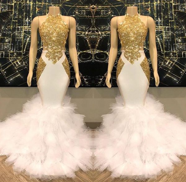white halter lace mermaid long prom dresses gold applique layered ruffles sweep train evening gowns bc1515, Black 
white halter lace mermaid long prom dresses gold applique layered ruffles sweep train evening gowns bc1515, Black