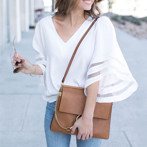 women casual v-neck 3/4 bell sleeve mesh panel loose blouse shirt for summer thj99, Blue;gray
women casual v-neck 3/4 bell sleeve mesh panel loose blouse shirt for summer thj99, Blue;gray
