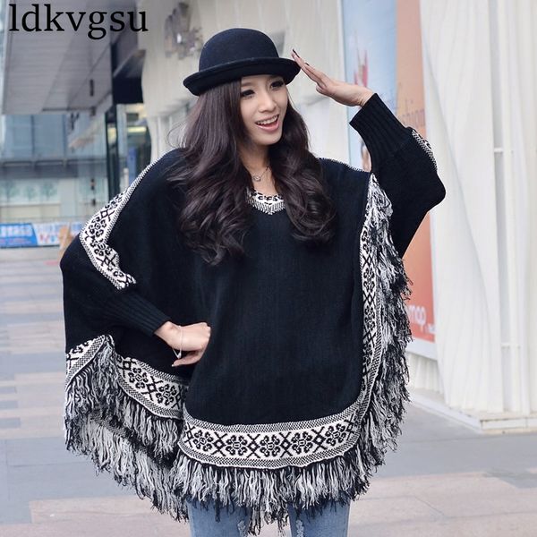 2019 new spring autumn new retro loose bat sleeve knitting sweater cape cloak large size shawl tassel sweater coat female a387, Black
2019 new spring autumn new retro loose bat sleeve knitting sweater cape cloak large size shawl tassel sweater coat female a387, Black