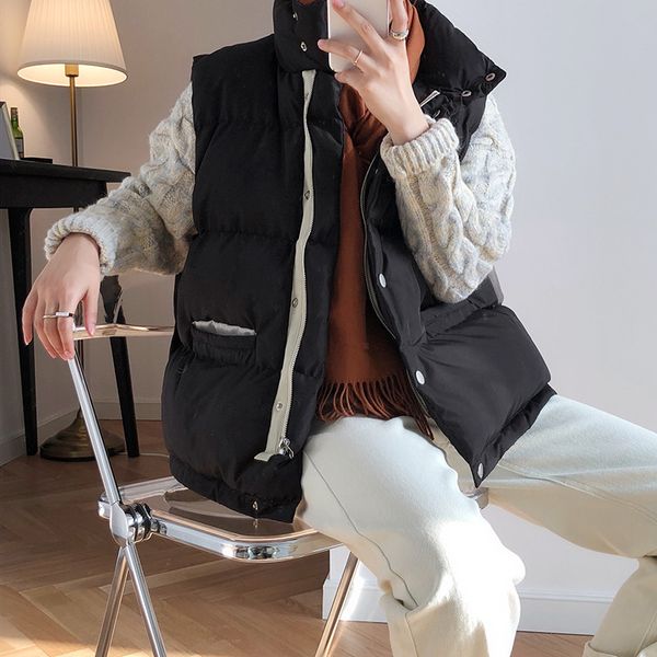 women's korean style solid sleeveless winter keep warm winter vest coat single women breasted loose thick fashion vest, Black;white
women's korean style solid sleeveless winter keep warm winter vest coat single women breasted loose thick fashion vest, Black;white