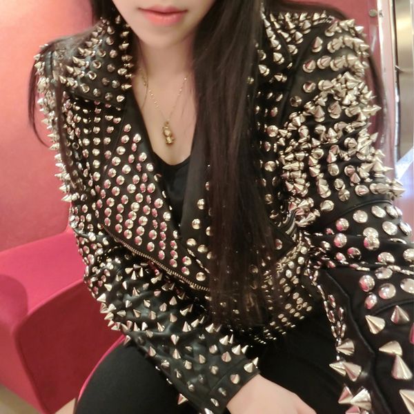 punk style high-end heavy metal rivets slender locomotive washing imitated sheepskin pu leather coat ladies slim jacket jackets, Black
punk style high-end heavy metal rivets slender locomotive washing imitated sheepskin pu leather coat ladies slim jacket jackets, Black