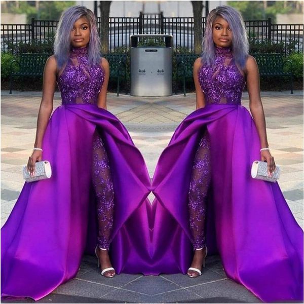 2020 lace appliqued bead evening gowns luxury african party women pant suits classic jumpsuits prom dresses with detachable train high neck, Black
2020 lace appliqued bead evening gowns luxury african party women pant suits classic jumpsuits prom dresses with detachable train high neck, Black