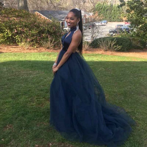 high neck navy blue satin prom dresses hollow front backless long prom gowns tulle skirt a-line graduation dresses, Black
high neck navy blue satin prom dresses hollow front backless long prom gowns tulle skirt a-line graduation dresses, Black