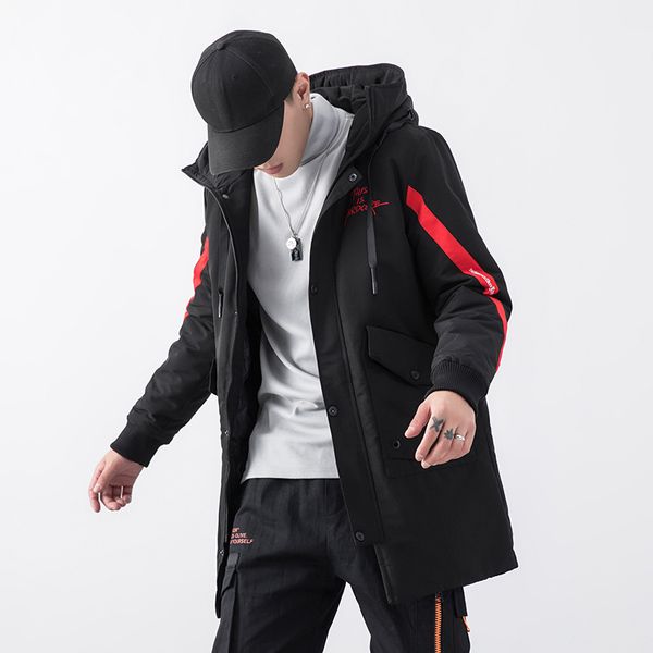 mens winter jacket hooded long down jacket embroidery fashion casual outwear warm clothes thicken side stripe doudoune homme, Black
mens winter jacket hooded long down jacket embroidery fashion casual outwear warm clothes thicken side stripe doudoune homme, Black