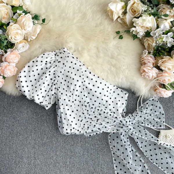 women's blouses & shirts short chic women puffy one sleeve oblique design mesh polka dots unique sweet tube, White
women's blouses & shirts short chic women puffy one sleeve oblique design mesh polka dots unique sweet tube, White