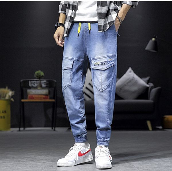 mens designer cargo jeans knee pocket fashion drawstring pencil pants casual mens plus size denim pants, Blue
mens designer cargo jeans knee pocket fashion drawstring pencil pants casual mens plus size denim pants, Blue