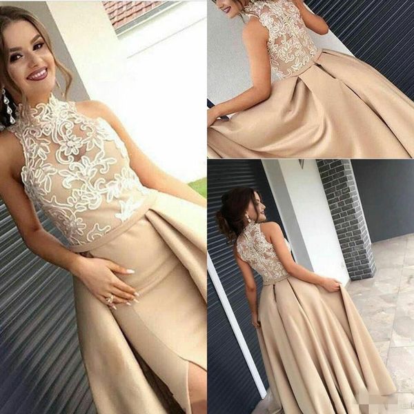 2020 new champagne prom dresses high neck lace applique overskit floor length custom made a line graduation party evening gown vestido, Black
2020 new champagne prom dresses high neck lace applique overskit floor length custom made a line graduation party evening gown vestido, Black
