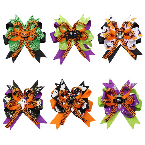 

4.5'' halloween hair bows for girls designed printed hair clips pumpkin ghost patches hairpin festival party kids hair accessories, Slivery;white