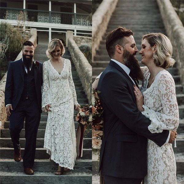 aline full lace long sleeves with v-neck wedding dresses vestido de noiva floor length bridal gowns, White 
aline full lace long sleeves with v-neck wedding dresses vestido de noiva floor length bridal gowns, White