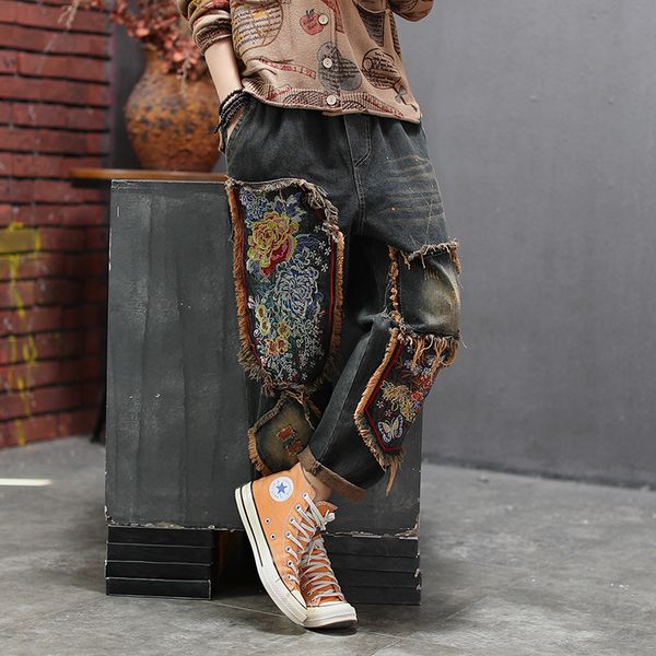 ripped jeans woman streetwear chinese style embroidery floral patchwork denim trousers elastic waisst washed harem pants vintage, Blue
ripped jeans woman streetwear chinese style embroidery floral patchwork denim trousers elastic waisst washed harem pants vintage, Blue