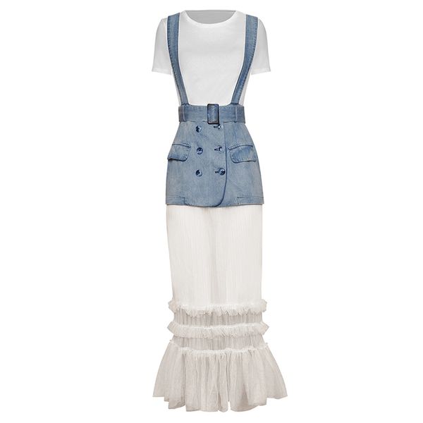 2020 runway fashion clothing set short sleeved white tshirt slim tight tee + ruffle tulle patchwork denim skirt jeans overalls
2020 runway fashion clothing set short sleeved white tshirt slim tight tee + ruffle tulle patchwork denim skirt jeans overalls