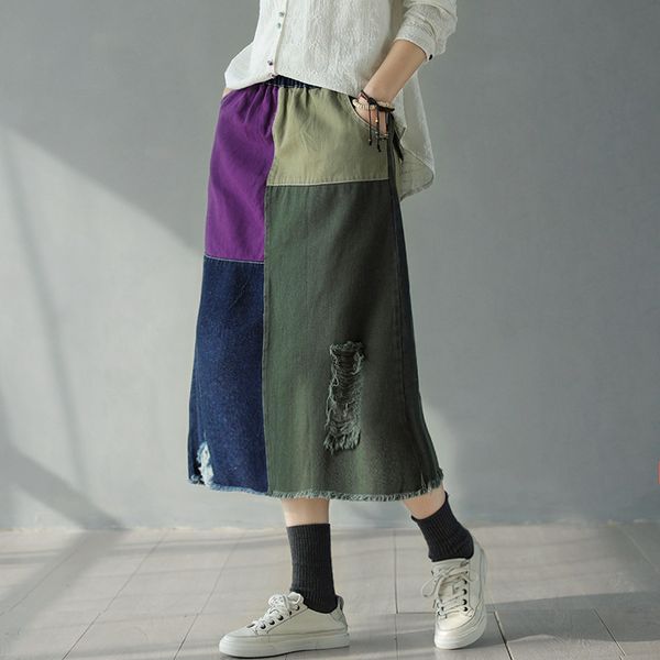 women's cotton stitching hole fringed skirts spring new retro literary elastic waist denim skirt girl, Black
women's cotton stitching hole fringed skirts spring new retro literary elastic waist denim skirt girl, Black