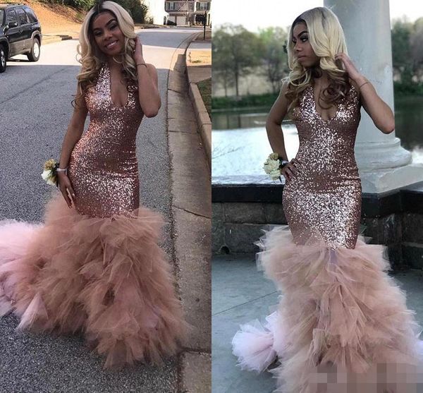 rose gold sequins prom dresses mermaid deep v neck ruffles tiered skirt tulle sweep train custom made formal evening party gowns, Black
rose gold sequins prom dresses mermaid deep v neck ruffles tiered skirt tulle sweep train custom made formal evening party gowns, Black