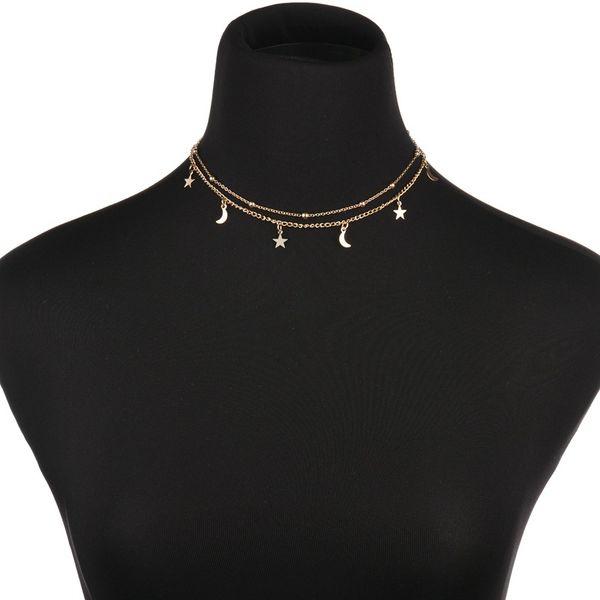 1pc simple double moon star short necklace round bead clavicle chain necklace, Black
1pc simple double moon star short necklace round bead clavicle chain necklace, Black
