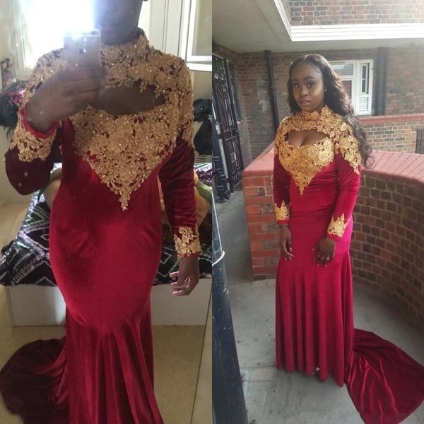 high neck gold lace appliqued burgundy long sleeves mermaid evening dress velvet nigeria sweep trian open front evening gown, Black;red
high neck gold lace appliqued burgundy long sleeves mermaid evening dress velvet nigeria sweep trian open front evening gown, Black;red