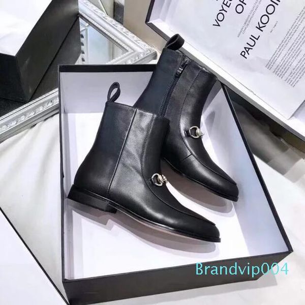 with box classic authentic soft cowhide flat bottom metal buckle ankle boots luxury designer design woman shoes, Black
with box classic authentic soft cowhide flat bottom metal buckle ankle boots luxury designer design woman shoes, Black